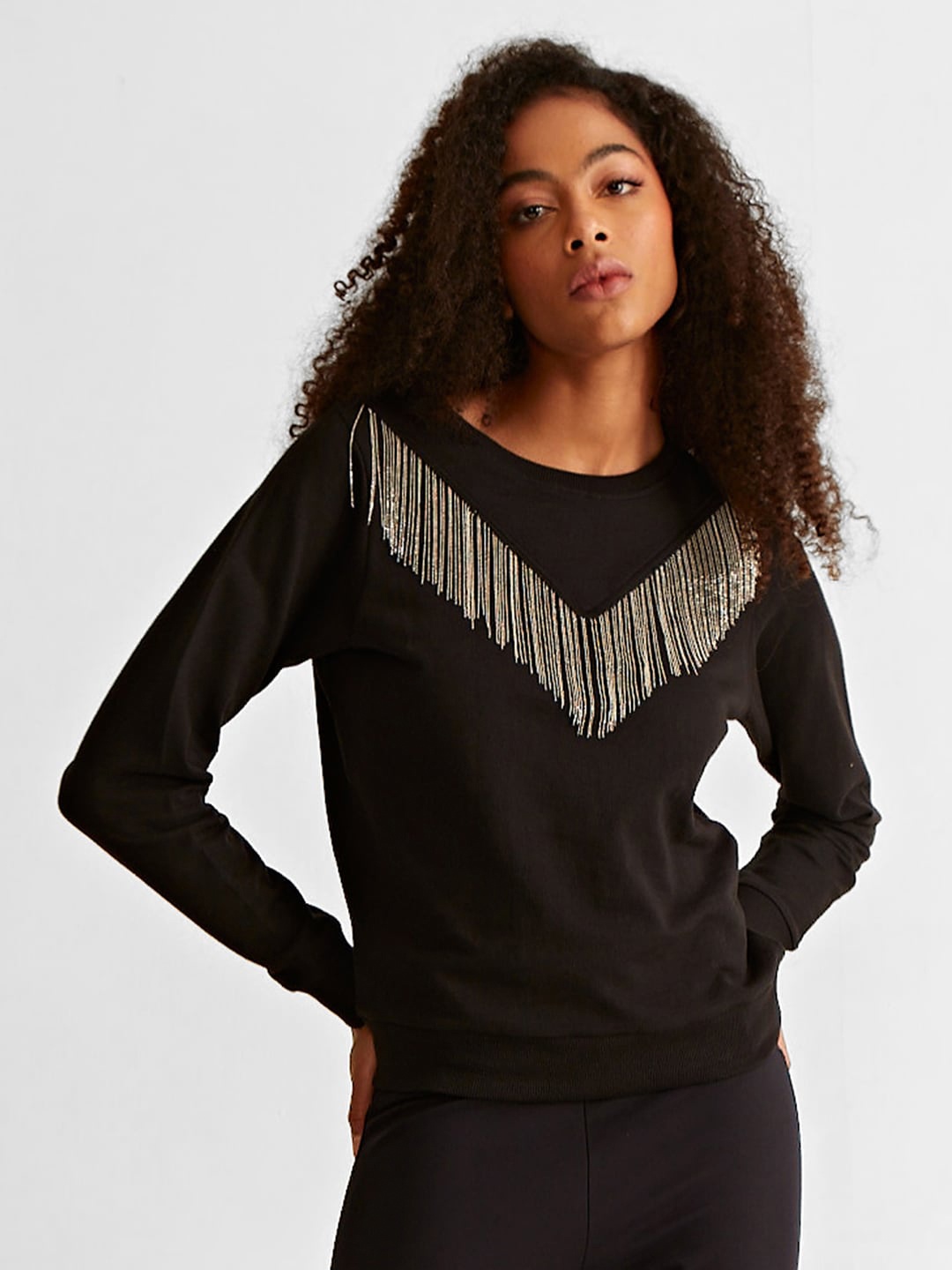 

COVER STORY Women Embellished Sweatshirt, Black