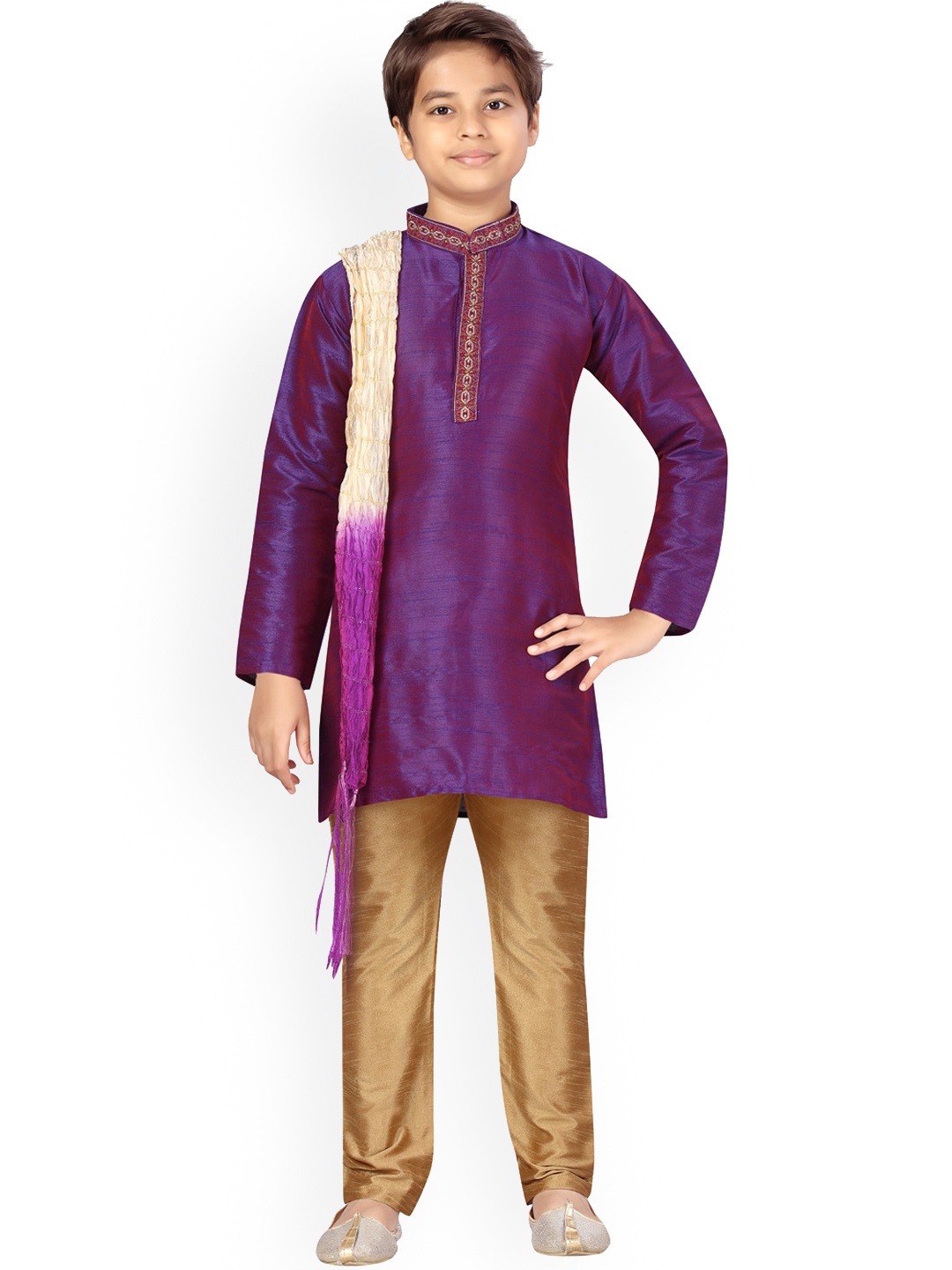 

Aarika Boys Self-Design Silk Sherwani Set, Purple