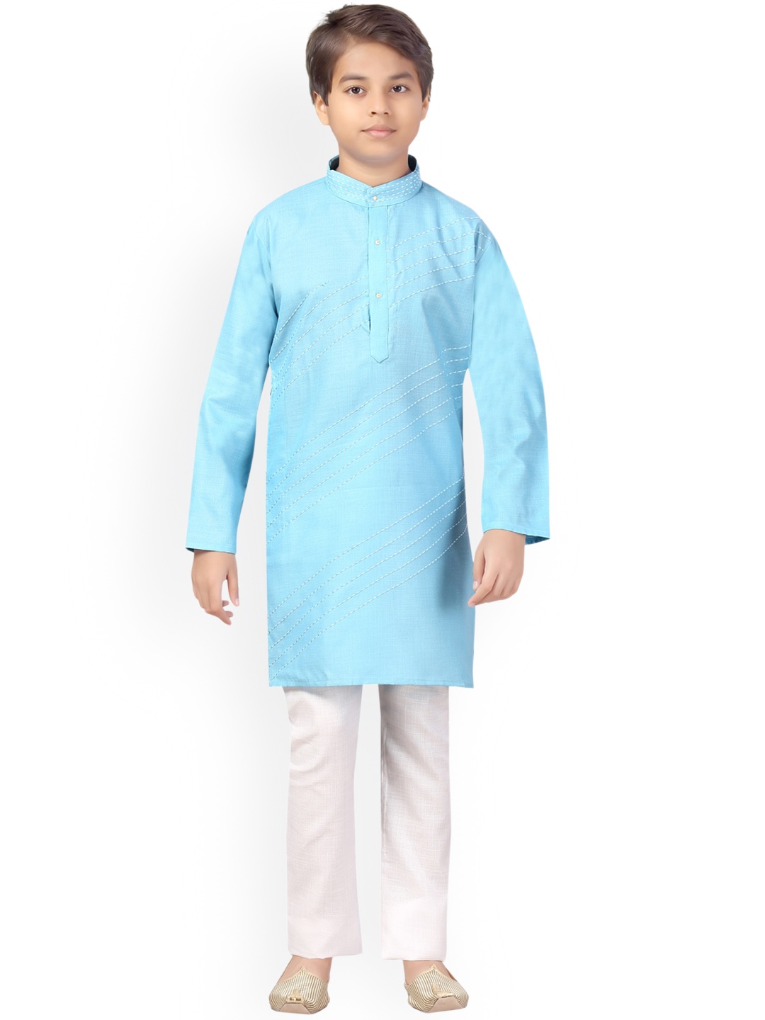 

Aarika Boys Blue Ethnic Motifs Embroidered Thread Work Pure Cotton Kurta with Pyjamas