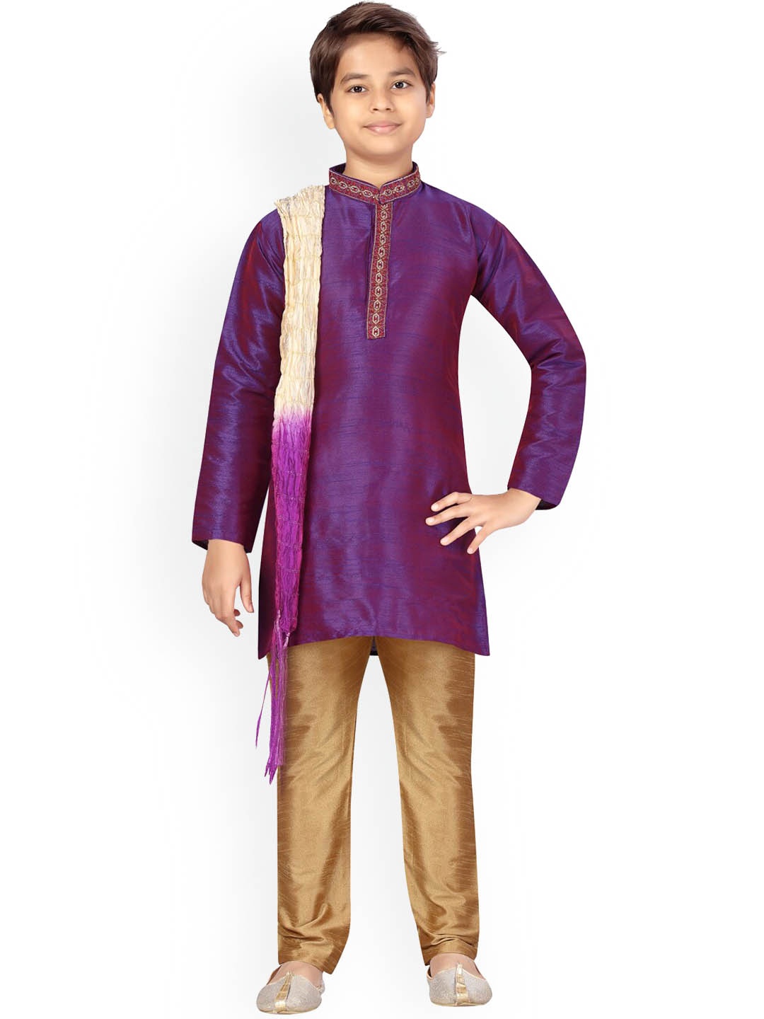 

Aarika Boys Mandarin Collar Kurta with Trousers & Dupatta, Purple