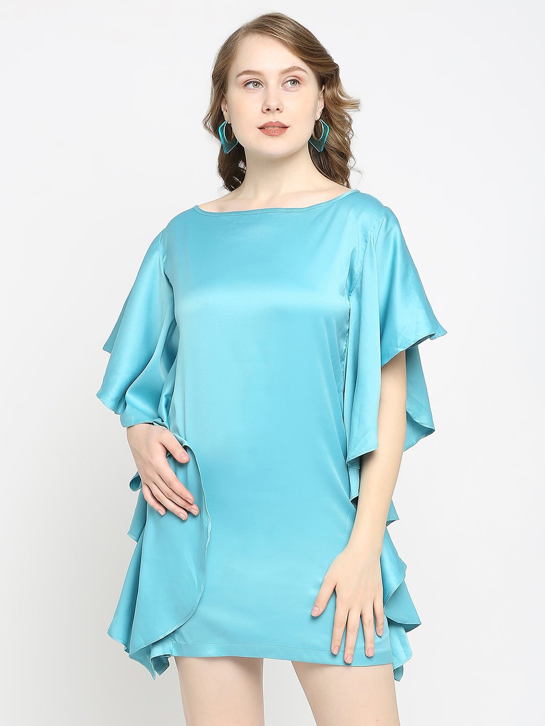 

aaliya Satin Kaftan Boat Neck Mini Dress, Blue