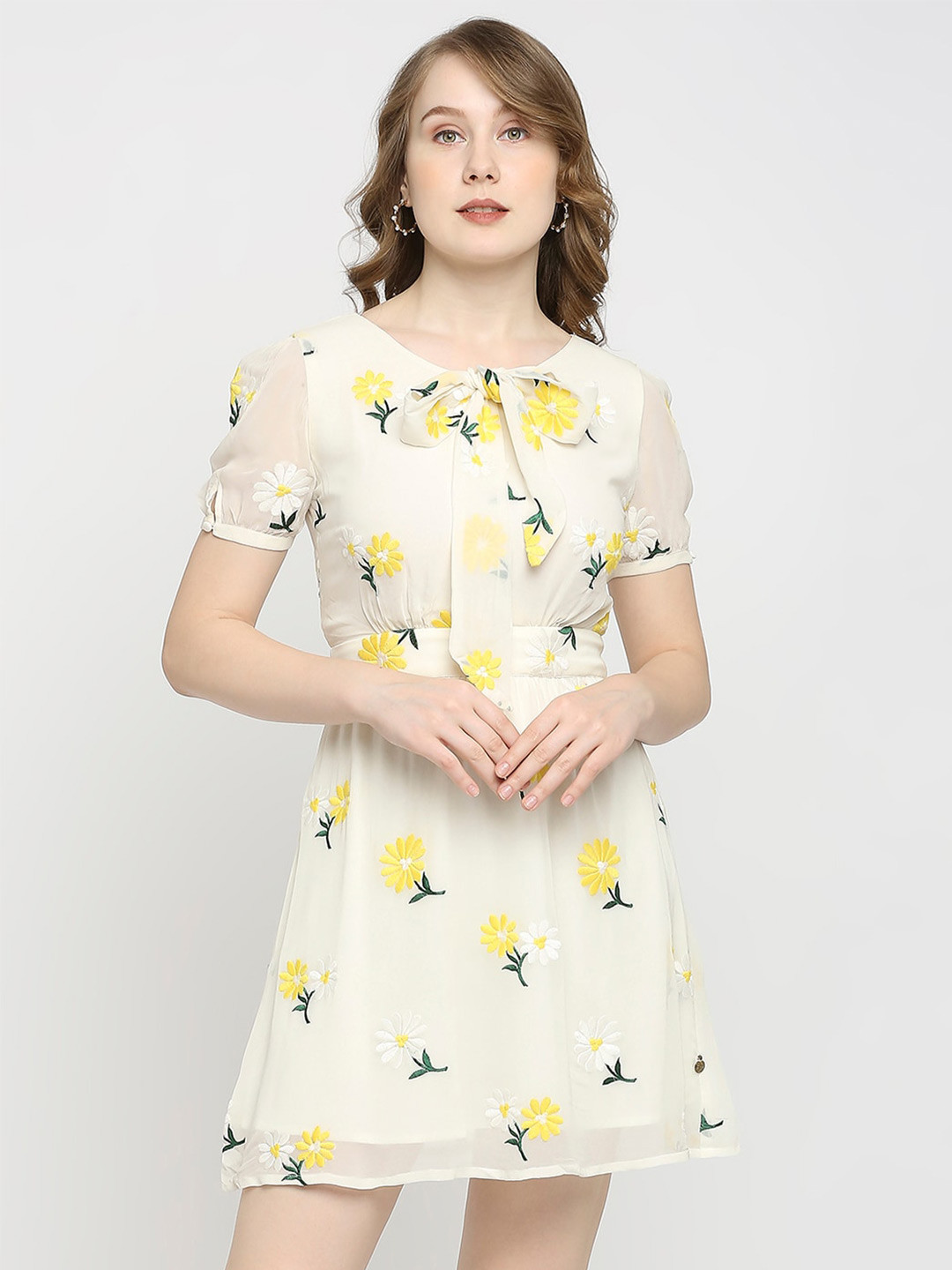

aaliya Floral Embroidered Tie-Up Neck Georgette Dress, Off white
