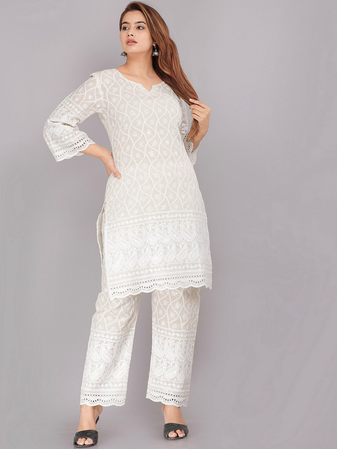 

EtnicaWear Ethnic Motifs Embroidered Thread Work Pure Cotton Kurta with Trousers, White