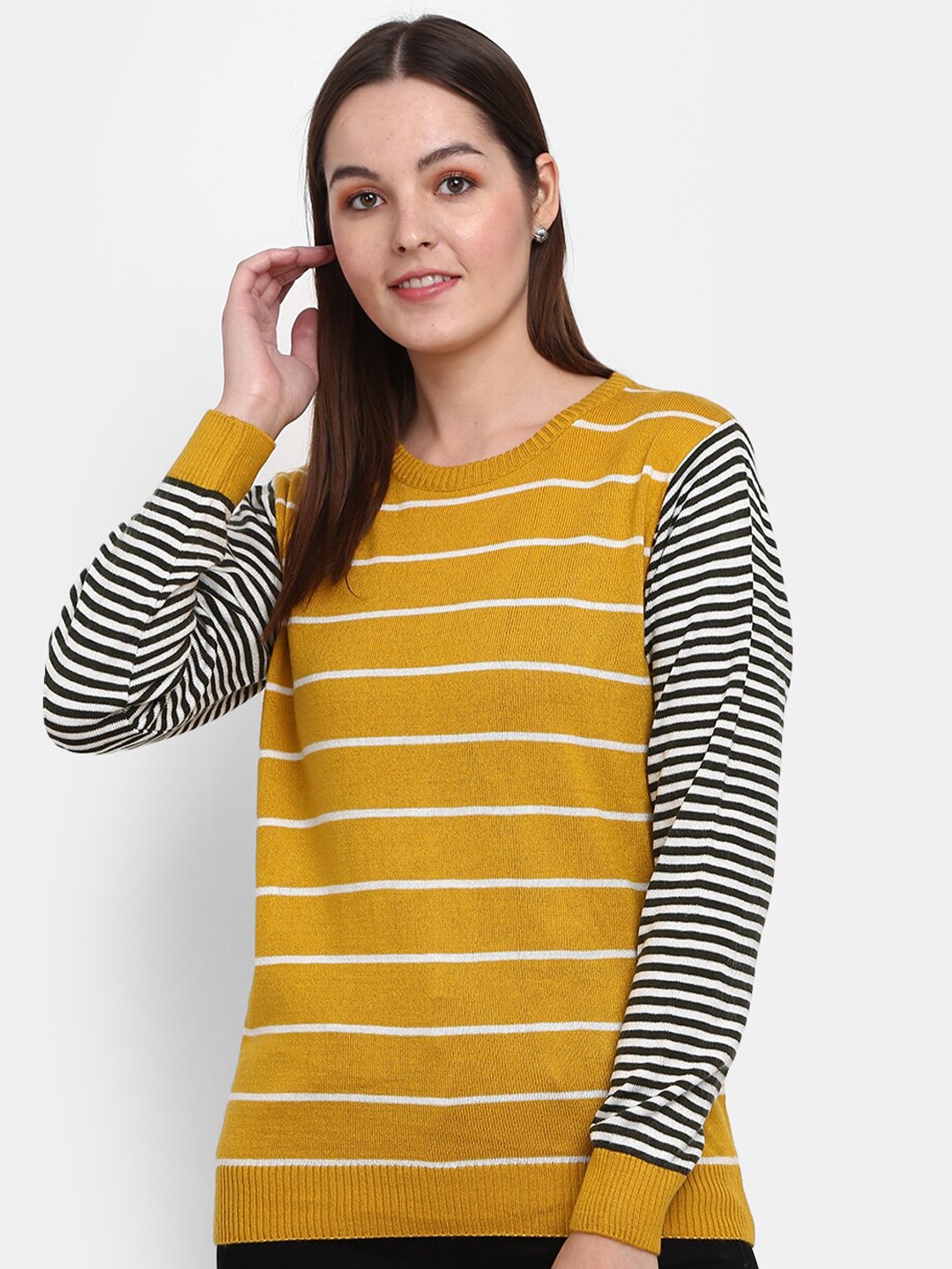 

V-Mart Women Striped Sweatshirt, Mustard