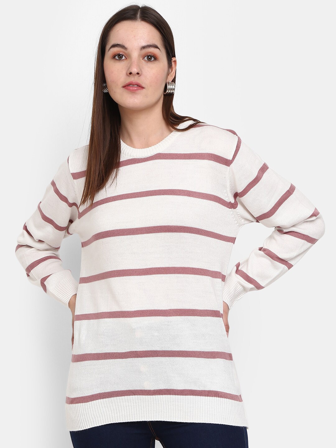 

V-Mart Women Striped Sweatshirt, White