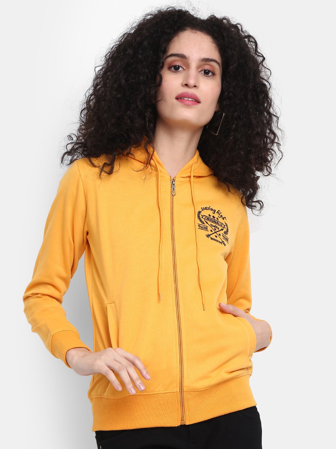 

V-Mart Women Embroidered Hooded Sweatshirt, Mustard