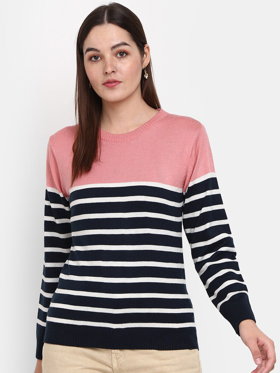 

V-Mart Women Striped Sweatshirt, Navy blue