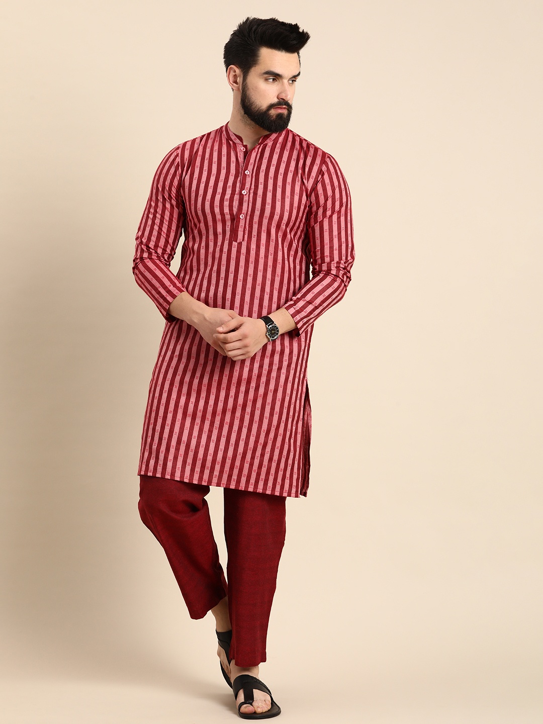 

Anouk Men Mandarin Collar Striped Kurta with Trousers, Maroon