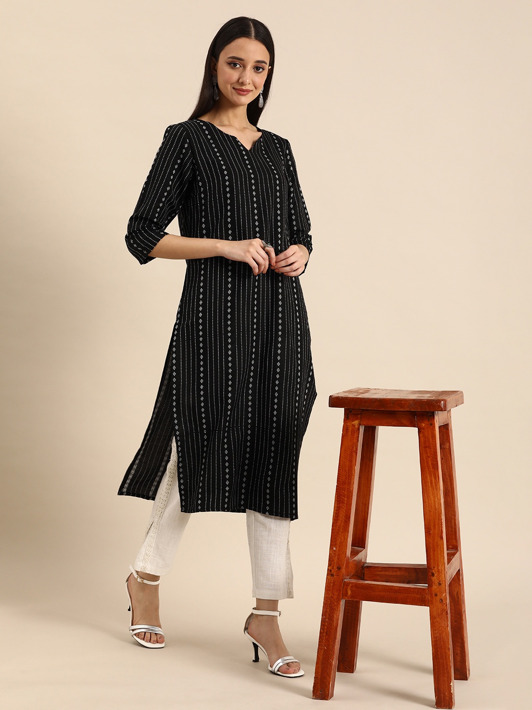 

Anouk Women Striped Thread Work Straight Kurta, Black