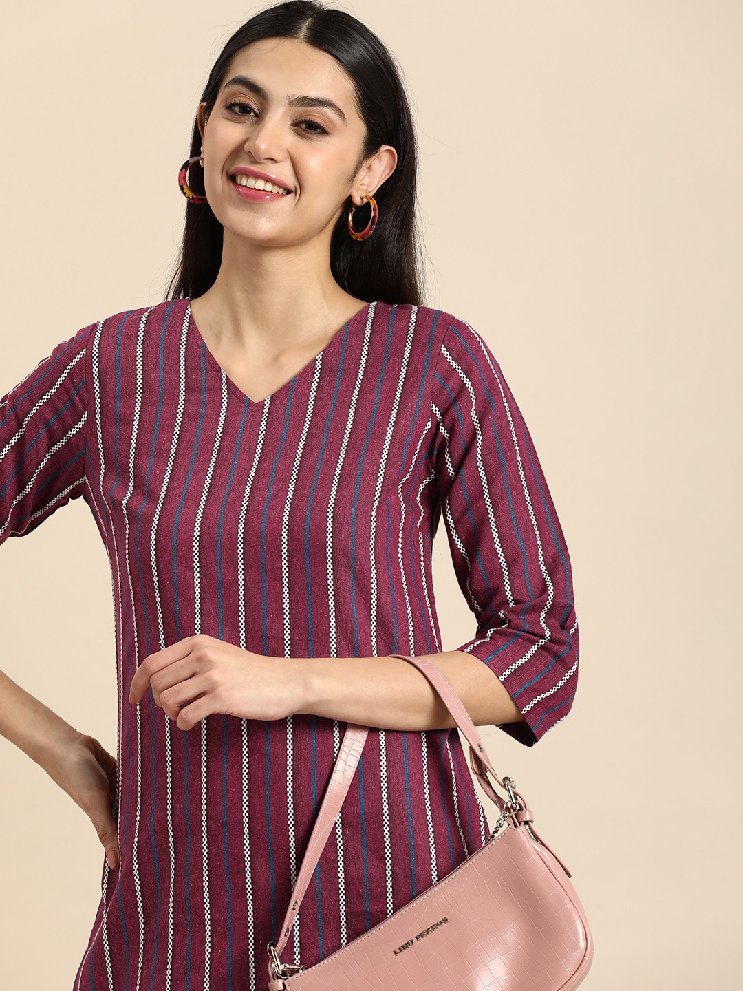 

Anouk Women Woven Design Striped V-Neck Straight Kurta, Magenta