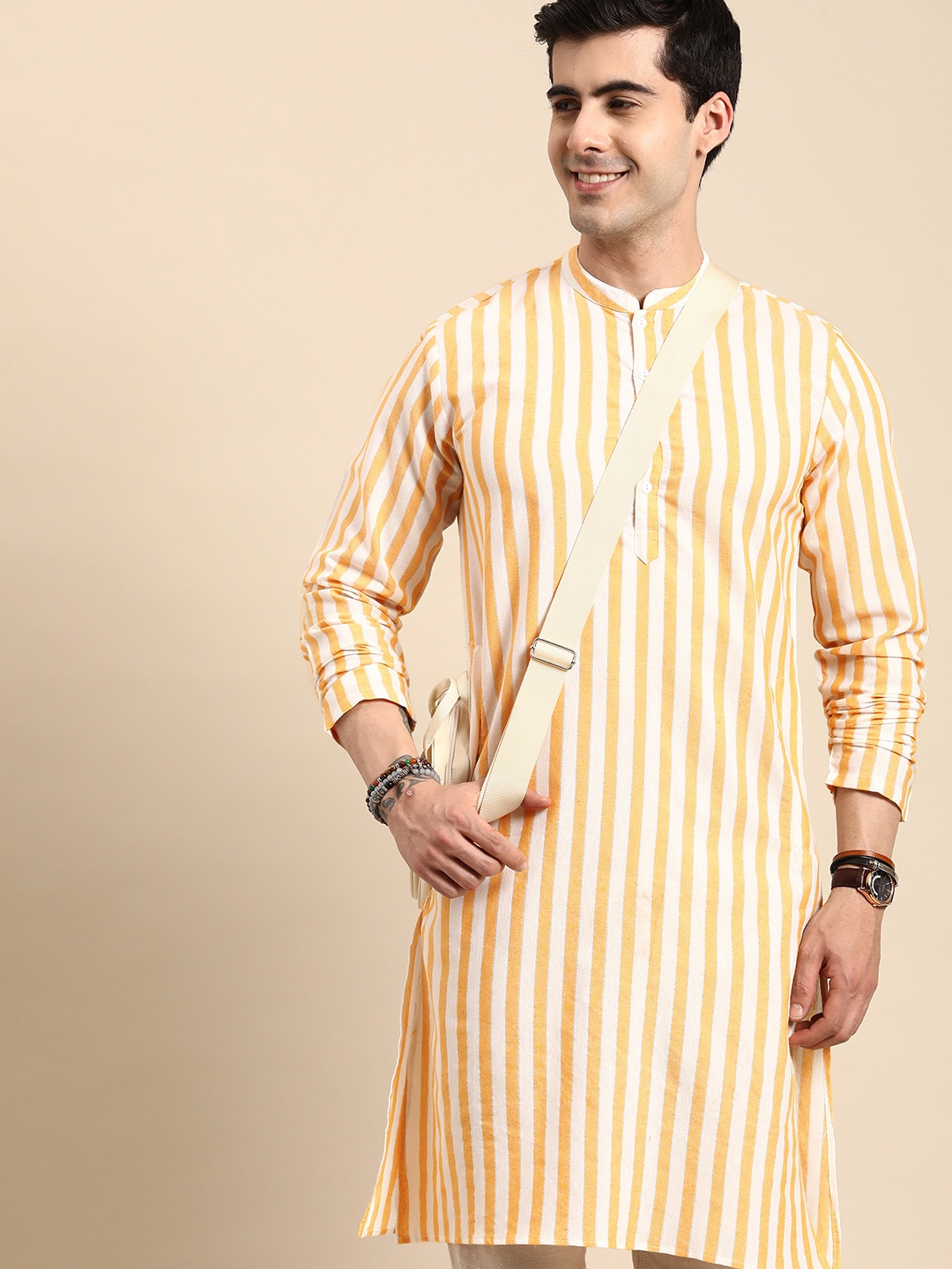 

Anouk Striped Mandarin-Collar Straight Shimmer Kurta, Mustard