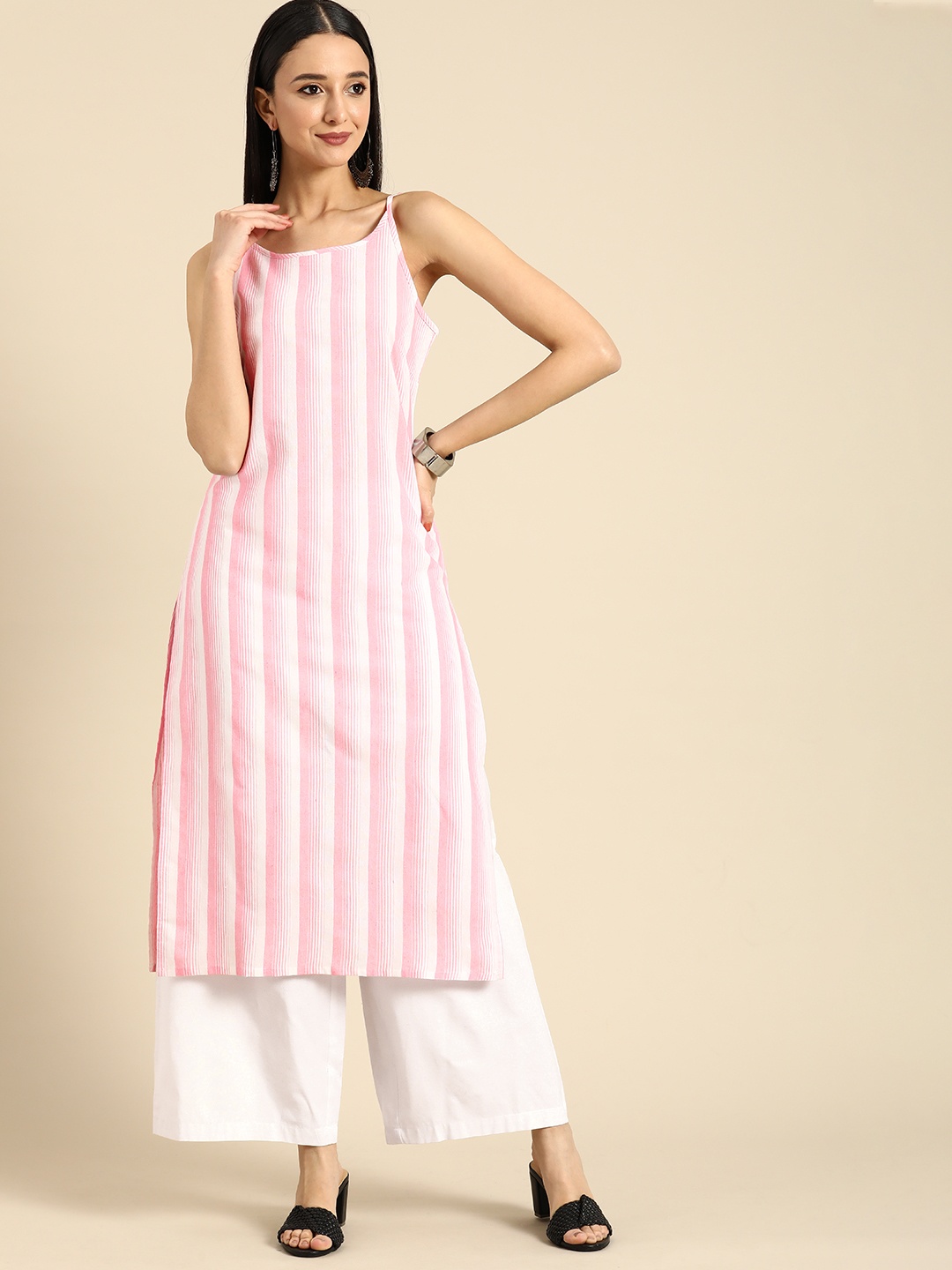 

Anouk Women Shoulder Straps Striped Kurta with Palazzos, Pink