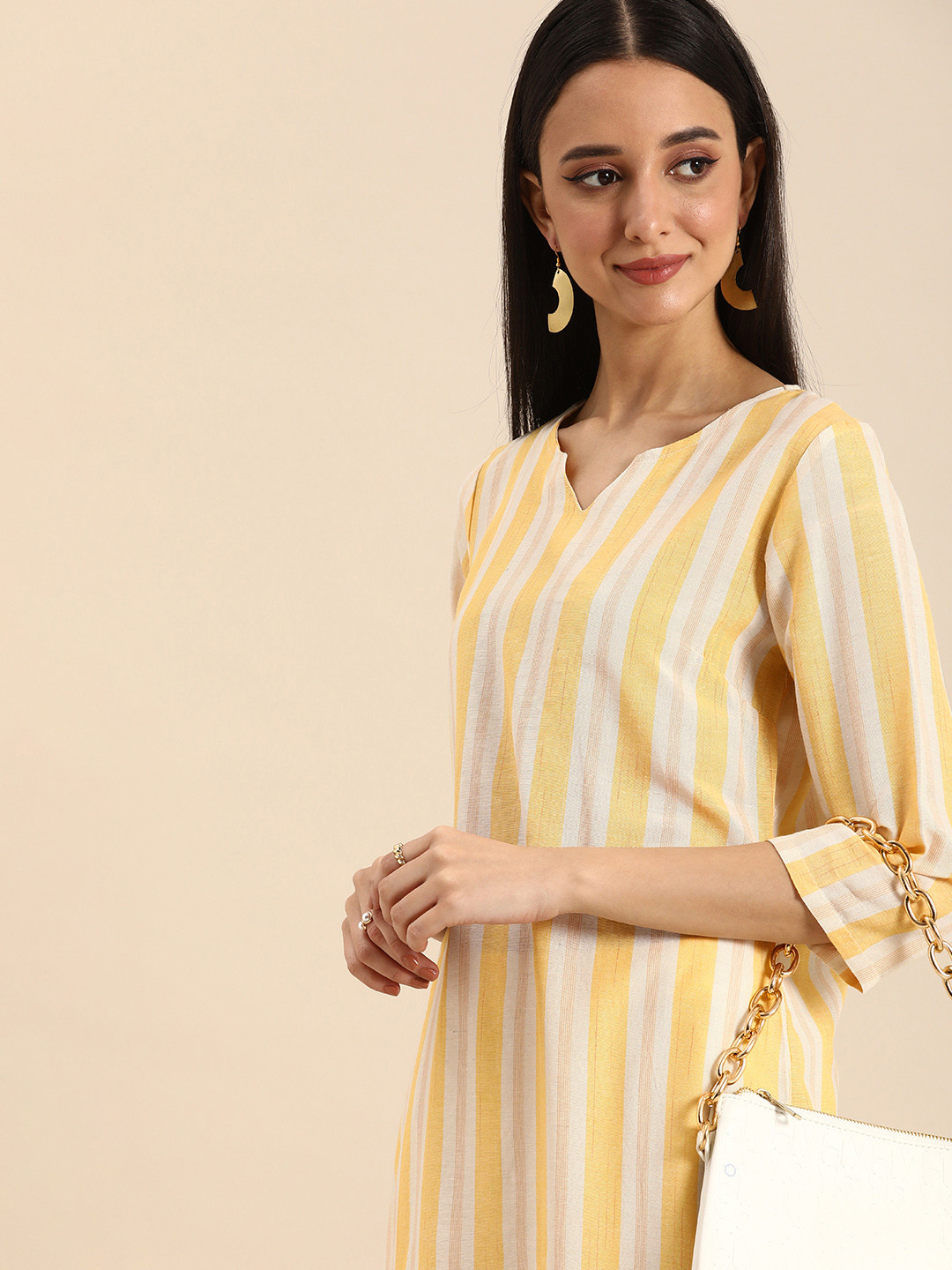 

Anouk Women Striped Pastels Straight Kurta, Yellow