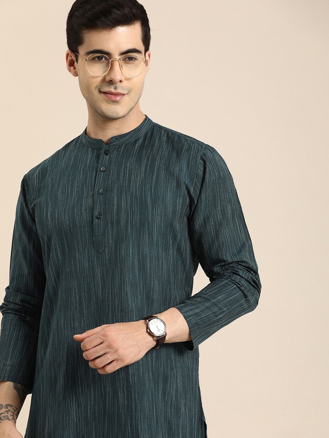 

Anouk Mandarin Collar Vertical Striped Straight Kurta, Teal