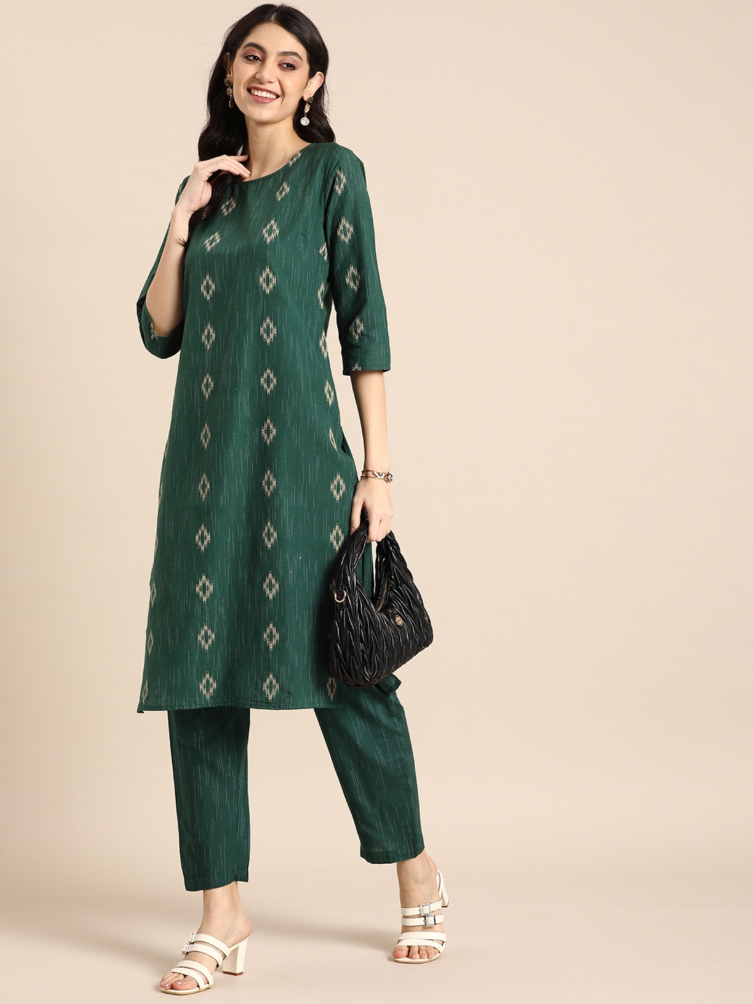 

Anouk Women Round Neck Woven Design Regular Kurta with Trousers, Green