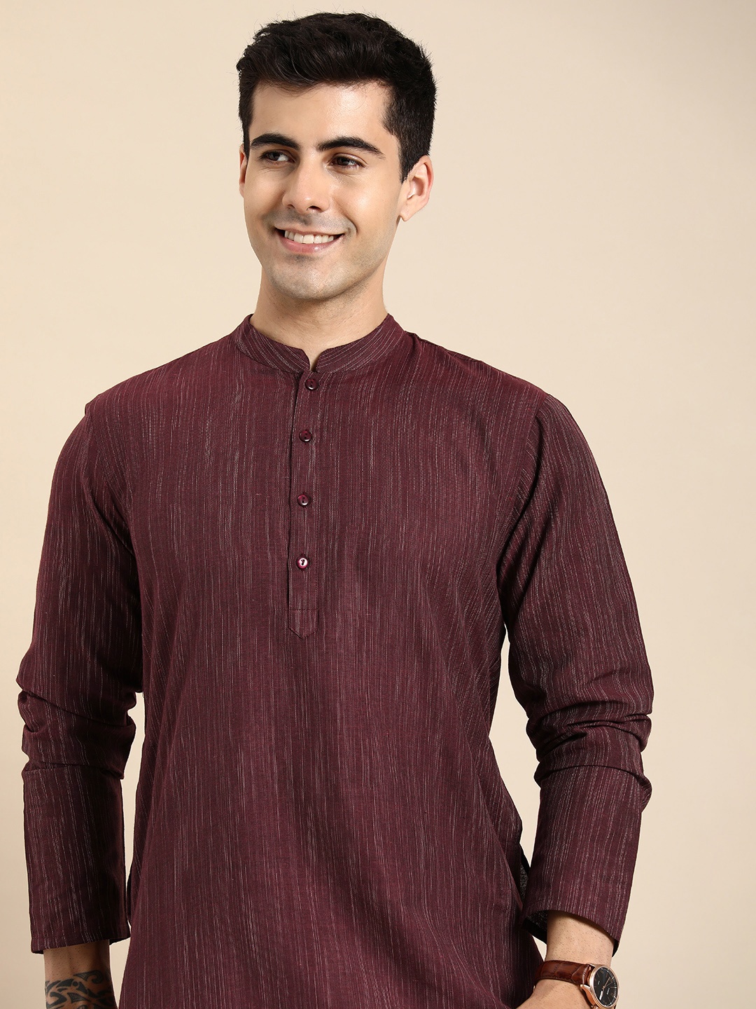 

Anouk Men Striped Mandarin Collar Straight Kurta, Maroon