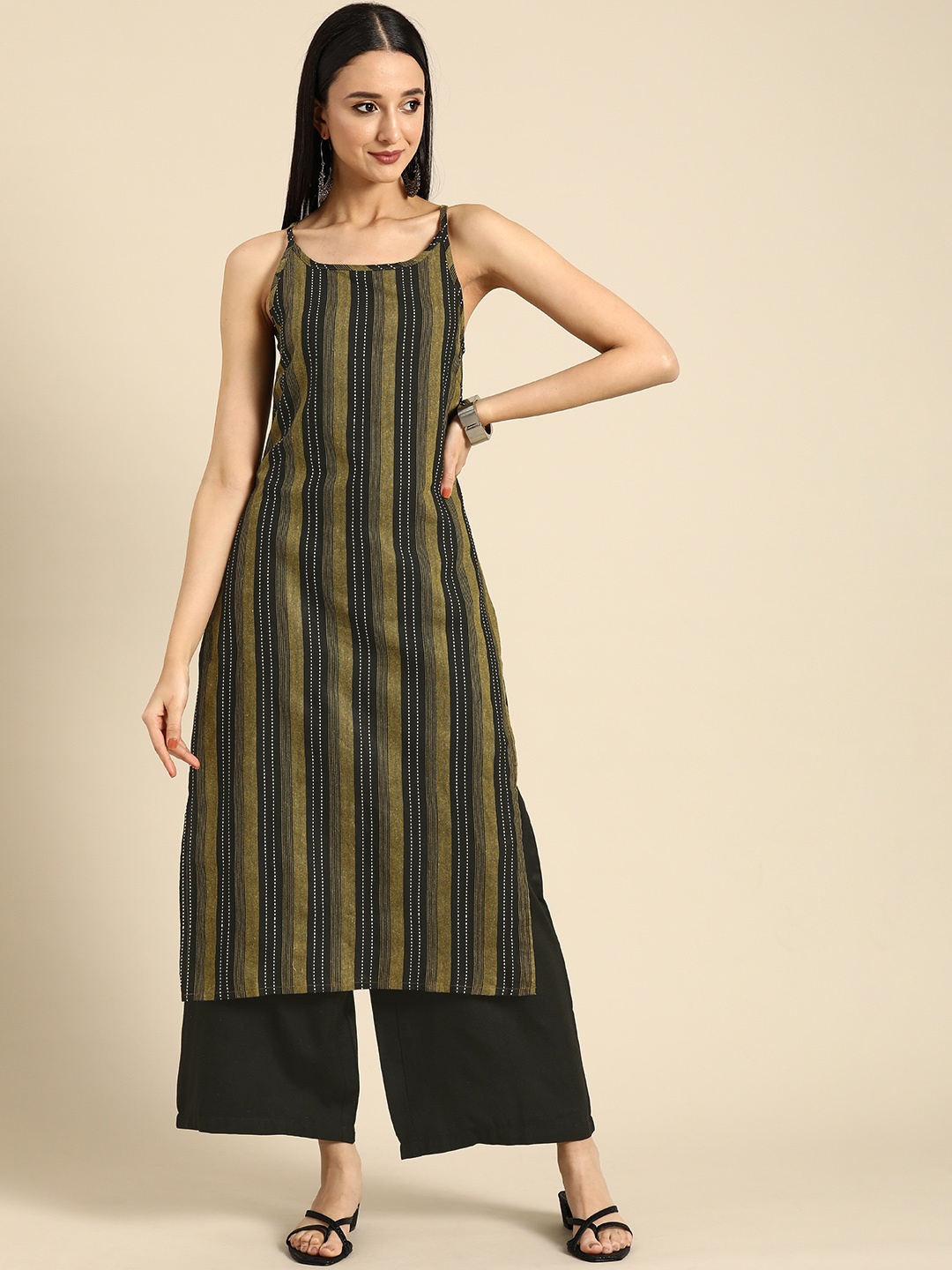 

Anouk Women Shoulder Straps Striped Straight Kurta with Palazzos, Mustard