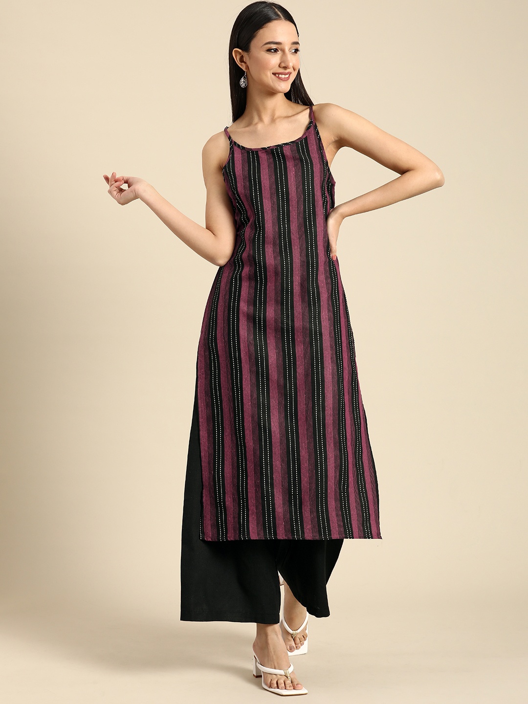 

Anouk Women Shoulder Straps Striped Straight Kurta with Palazzos, Magenta