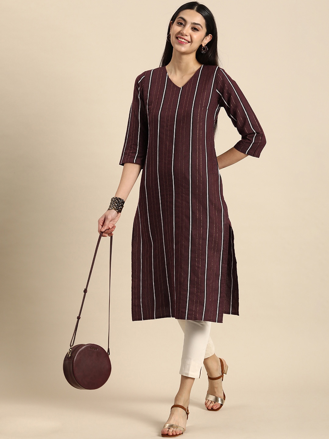 

Anouk Women Woven Design Striped V-Neck Straight Kurta, Maroon