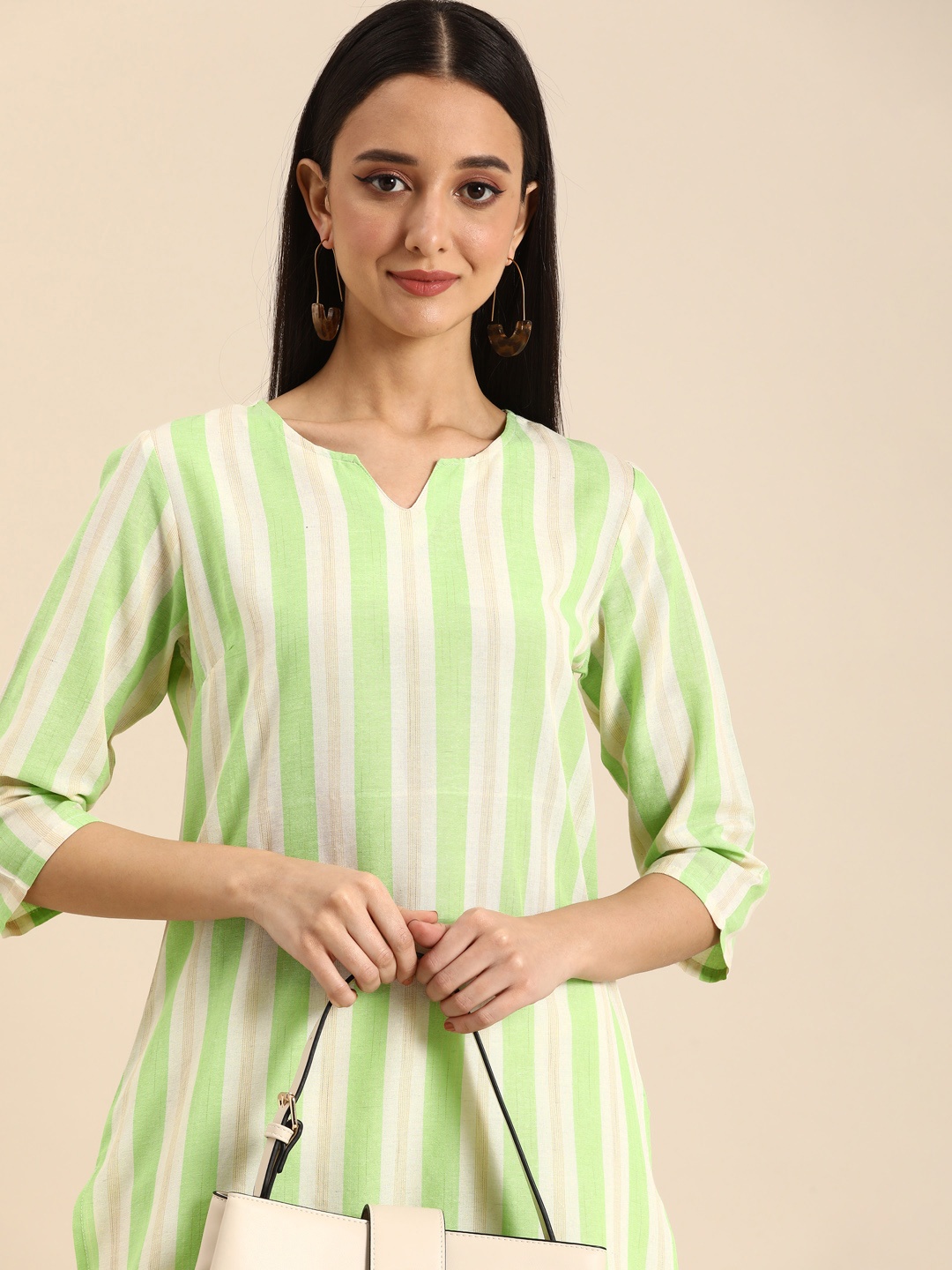 

Anouk Women Striped Pastels Straight Kurta, Green