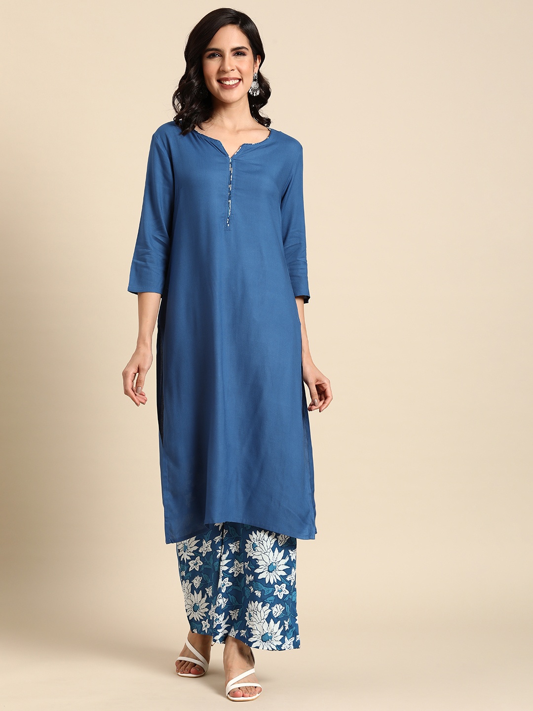 

Anouk Solid Blue Regular A-Line Kurta with Printed Palazzos