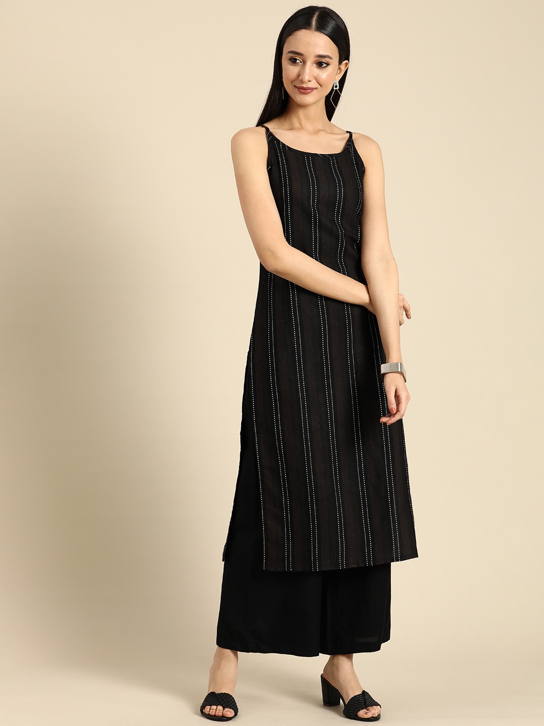 

Anouk Women Shoulder Straps Striped Kurta with Palazzos, Coffee brown
