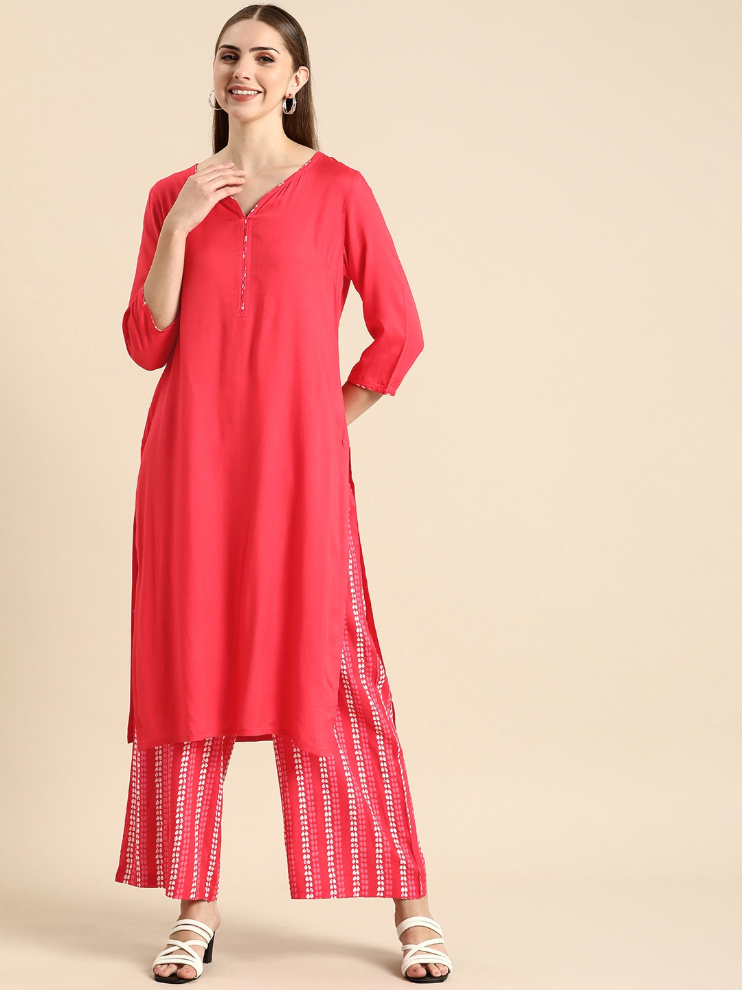 

Anouk Women Solid Regular Kurta With Printed Palazzos, Coral