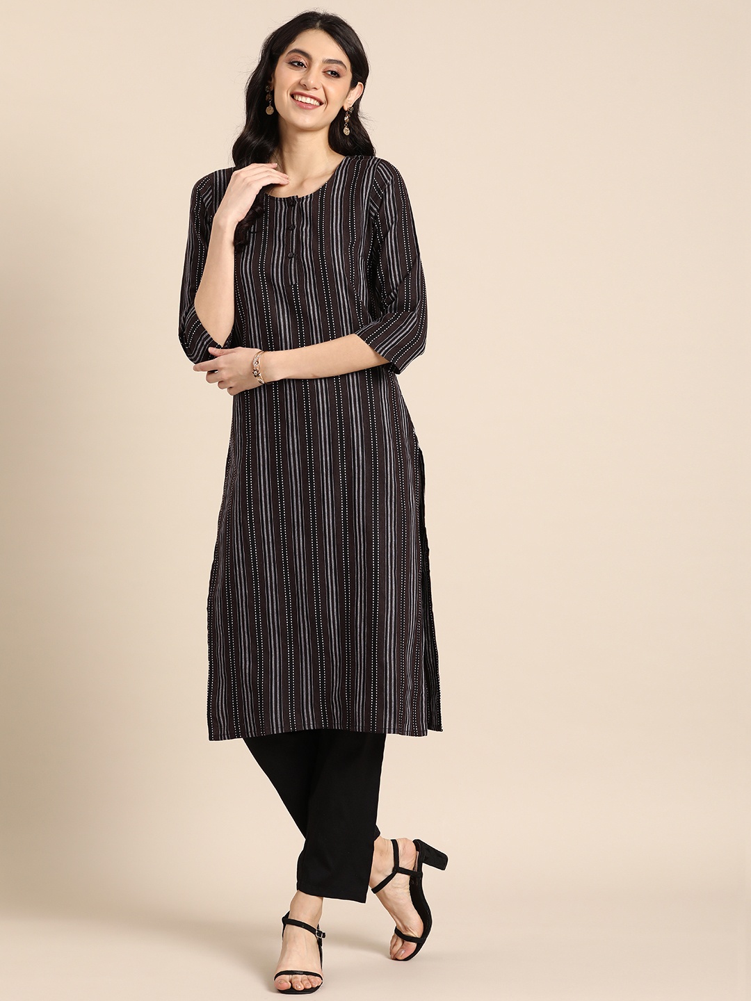 

Anouk Women Striped Round Neck Regular Kurta With Trousers, Black