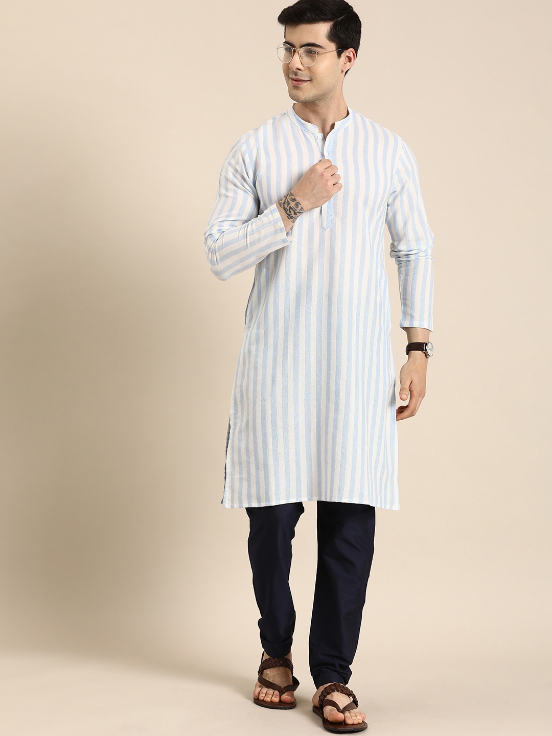 

Anouk Mandarin Collar Vertical Striped Straight Kurta, Blue