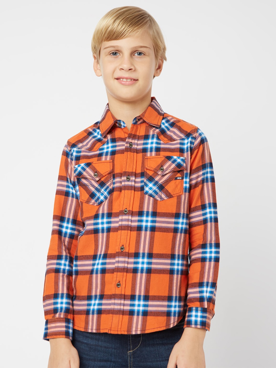 

GAS Boys Tartan Checked Casual Cotton Shirt, Orange