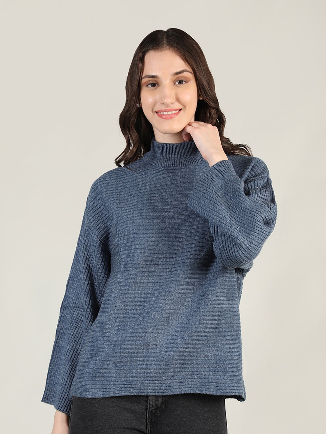 

HANG N HOLD Women Ribbed Wool Pullover Sweater, Blue