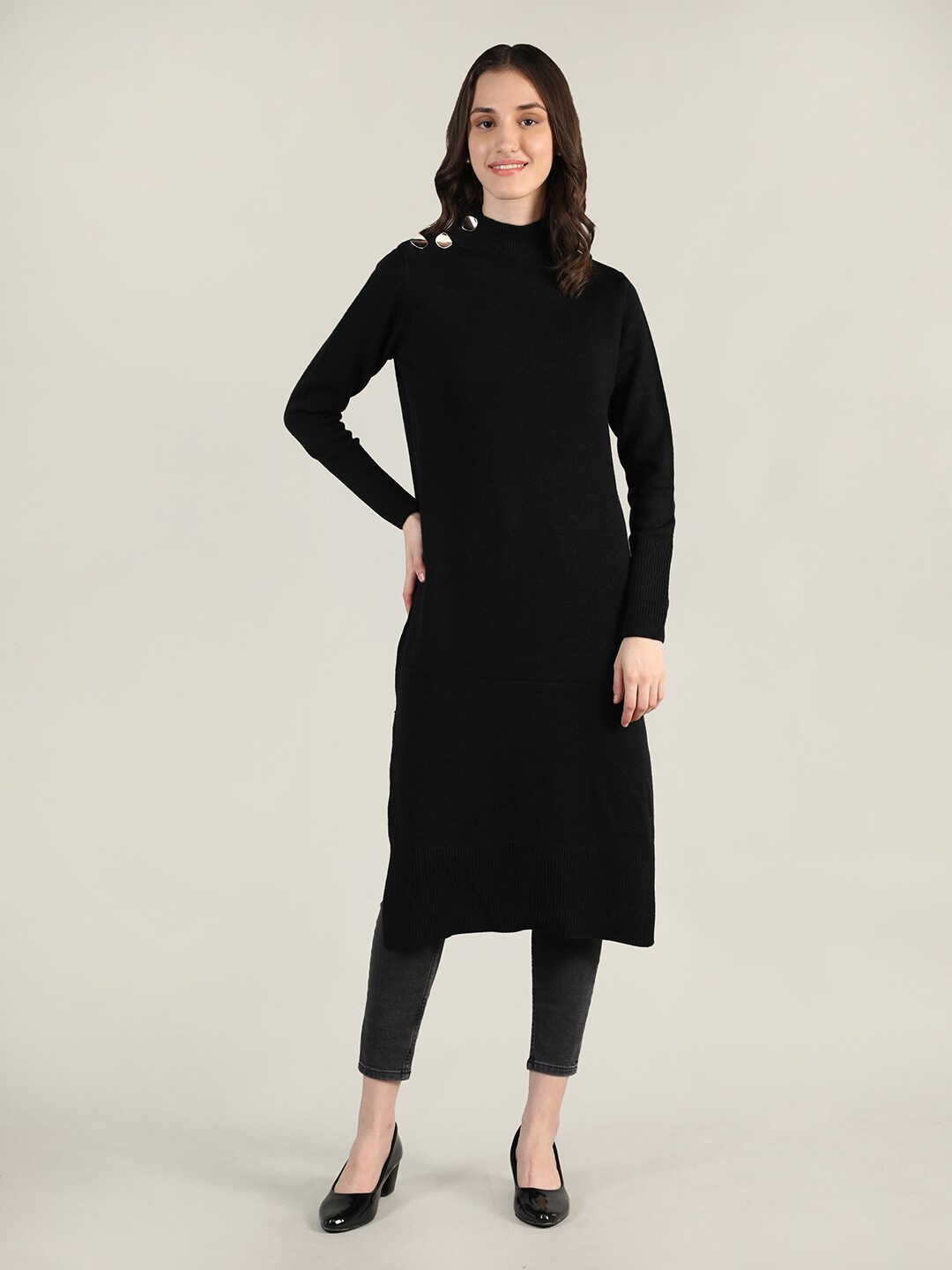 

HANG N HOLD Wool High Neck Long Sleeves Kurta, Black