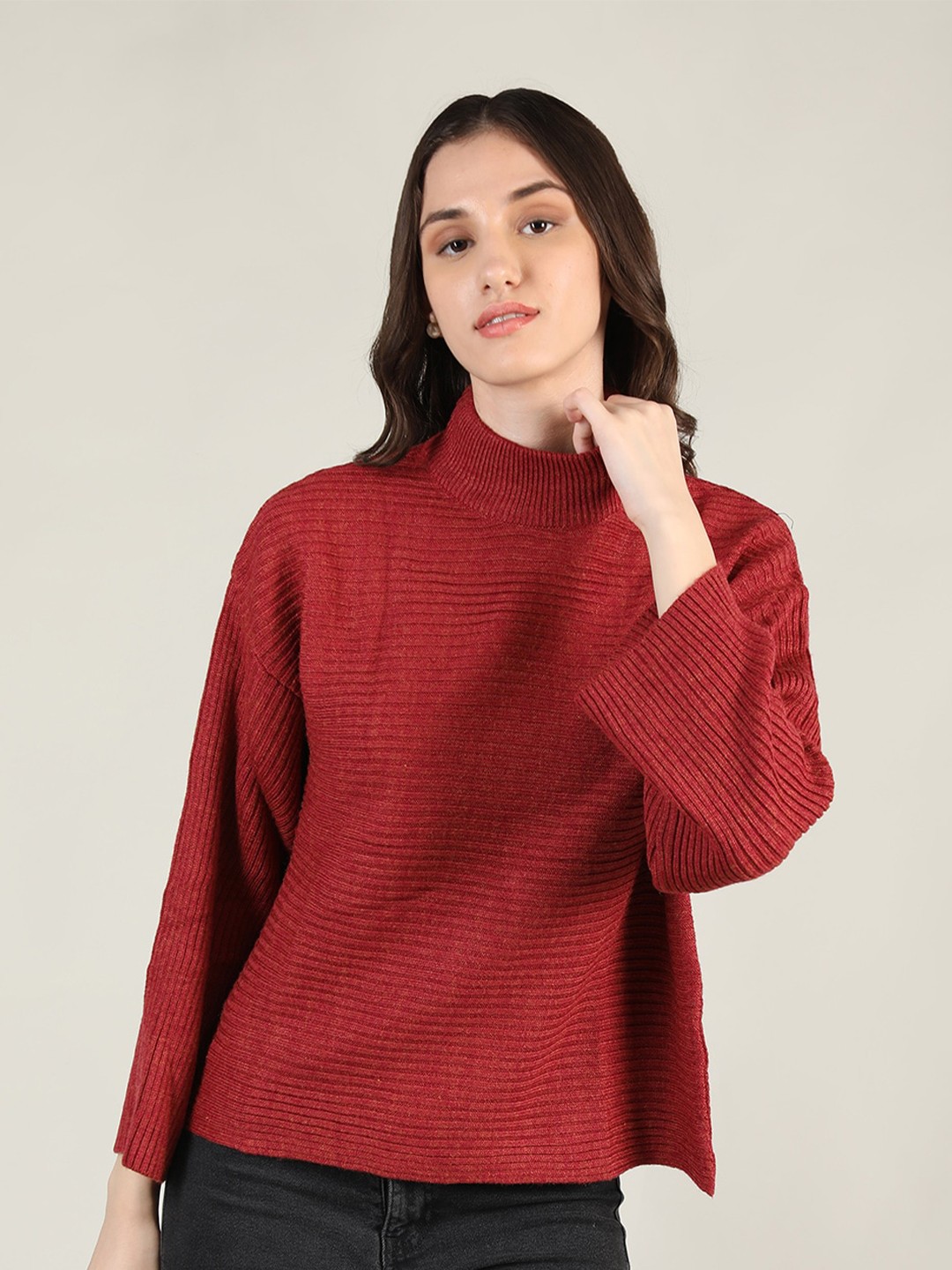 

HANG N HOLD Women Ribbed Turtle Neck Wool Pullover Sweater, Red