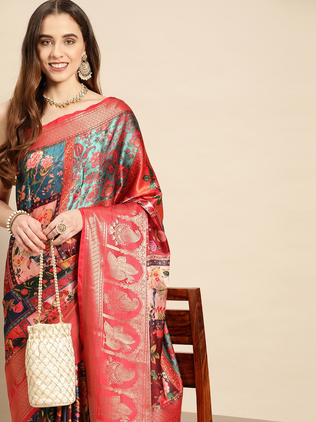

VASTRANAND Floral Zari Satin Saree, Multi