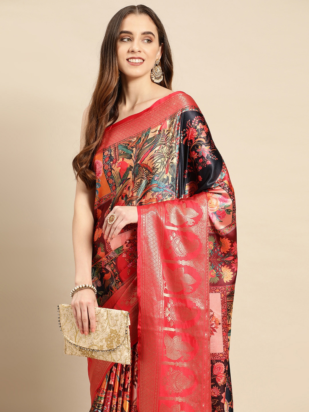 

VASTRANAND Floral Zari Satin Saree, Multi