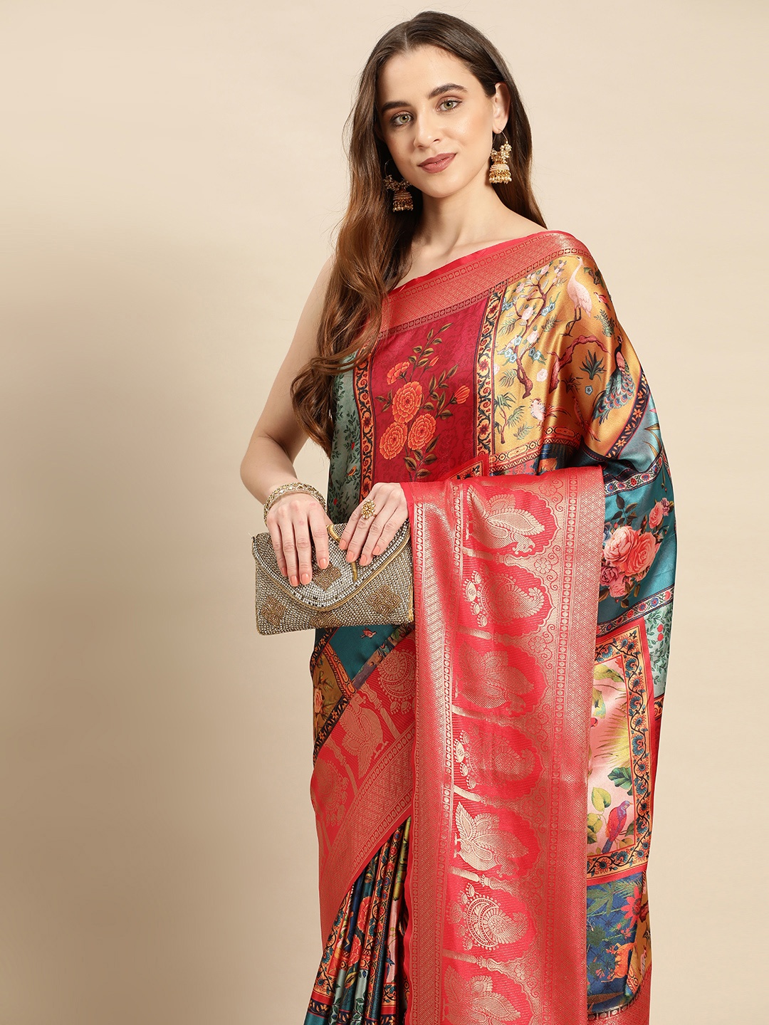 

VASTRANAND Floral Zari Satin Saree, Multi