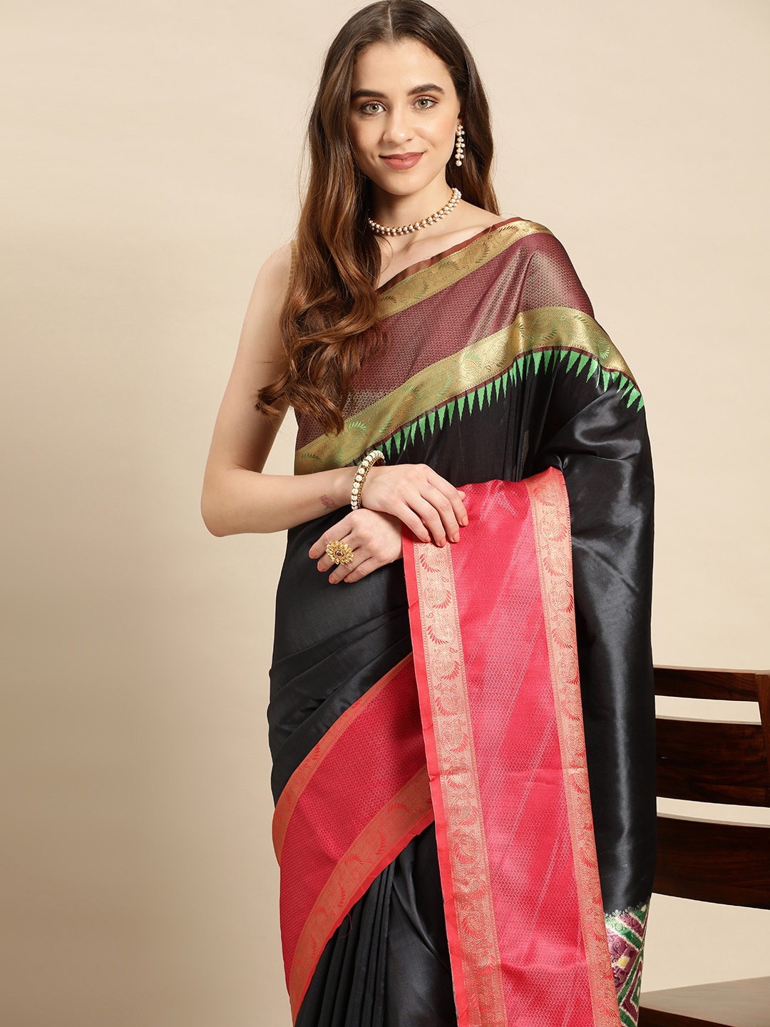 

VASTRANAND Ethnic Motifs Zari Silk Blend Ikat Saree, Navy blue