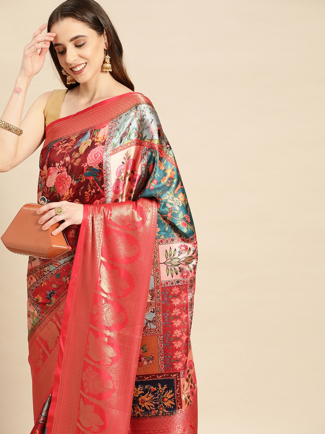 

VASTRANAND Floral Zari Satin Saree, Multi