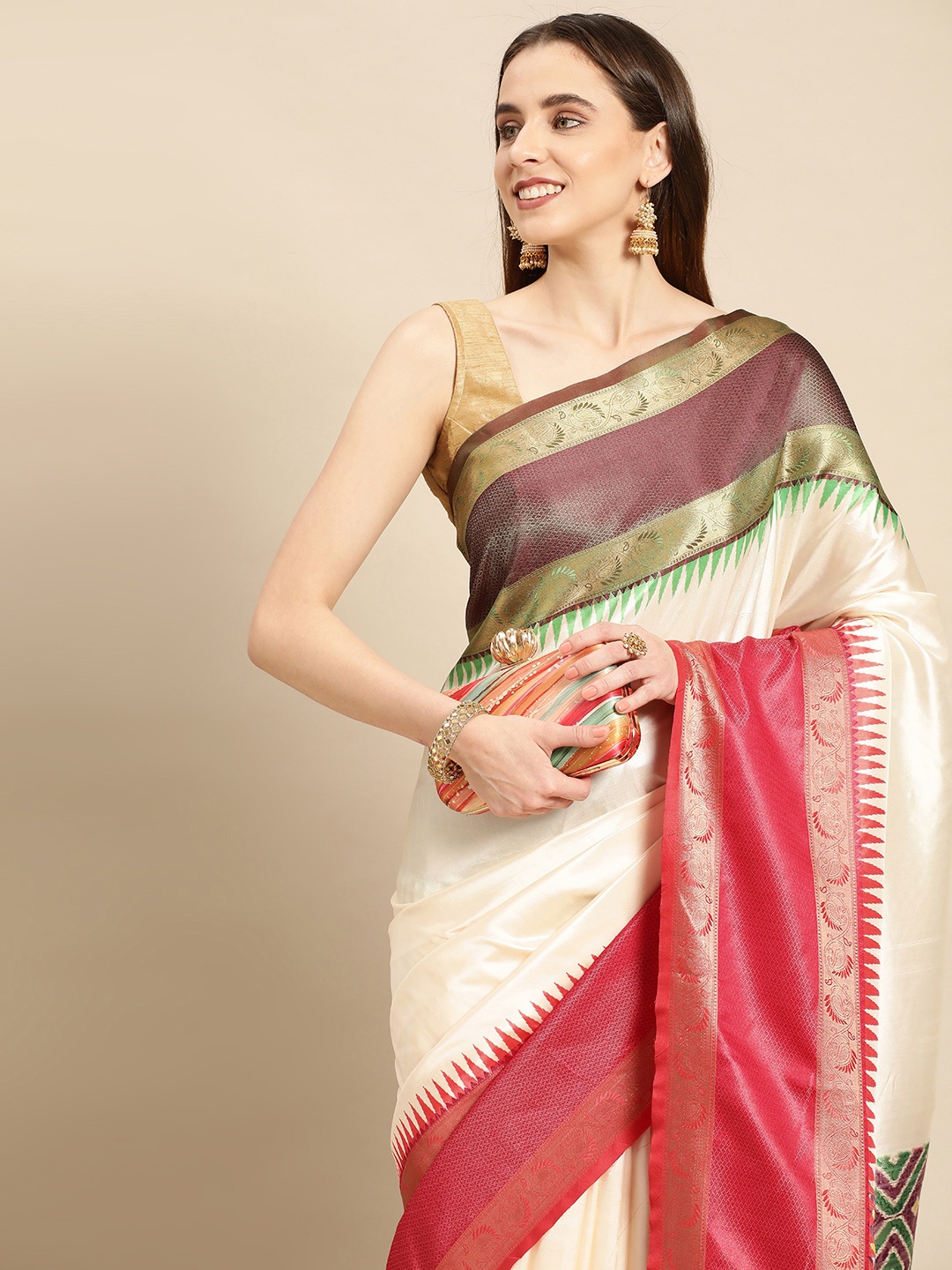 

VASTRANAND Ethnic Motifs Zari Silk Blend Ikat Saree, White
