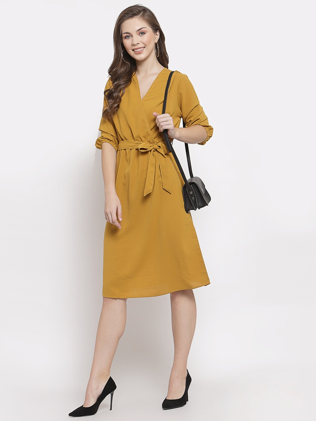 

Mafadeny Puff Sleeves Wrap Dress, Mustard