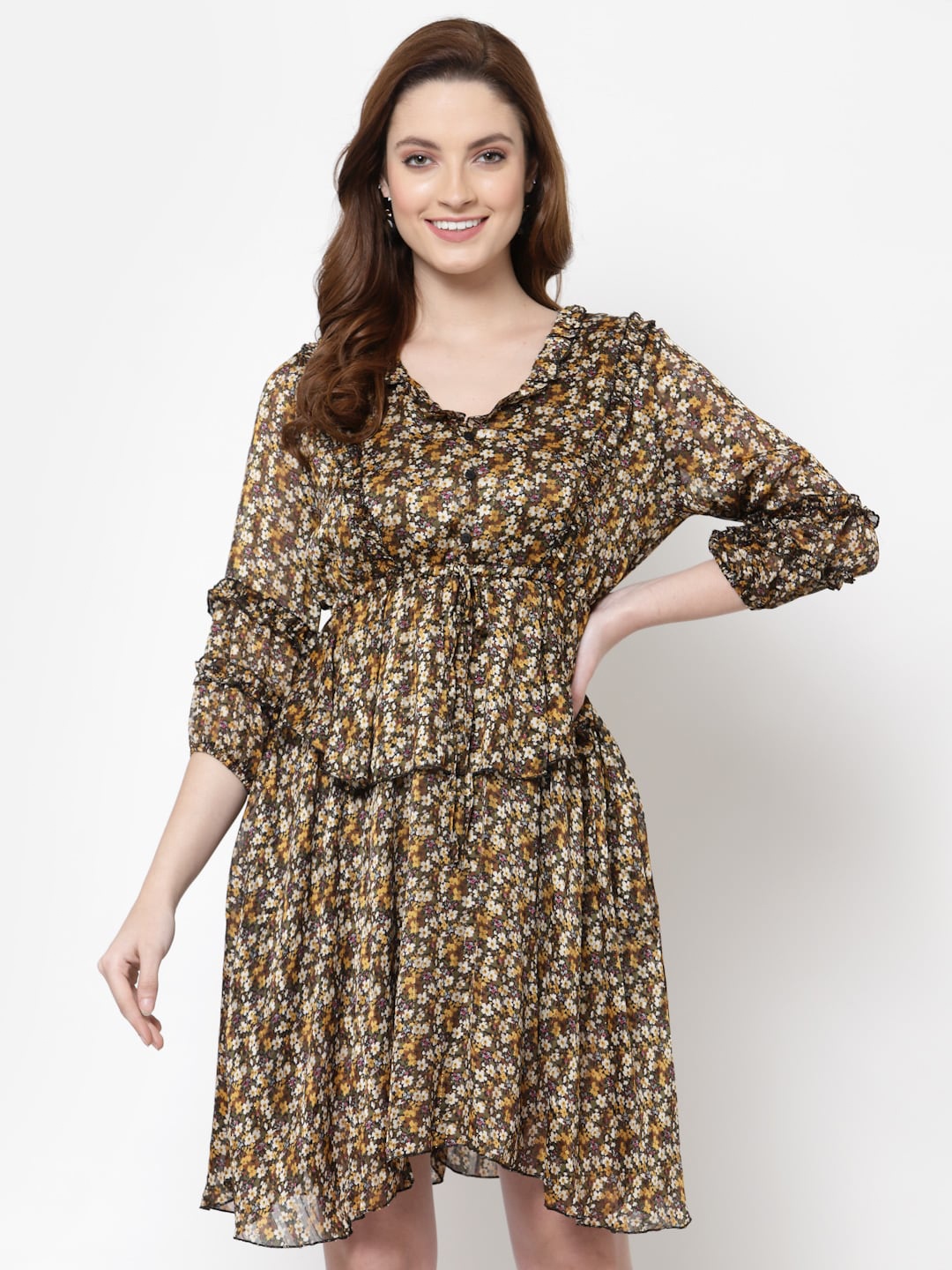 

Mafadeny Floral Georgette Dress, Brown