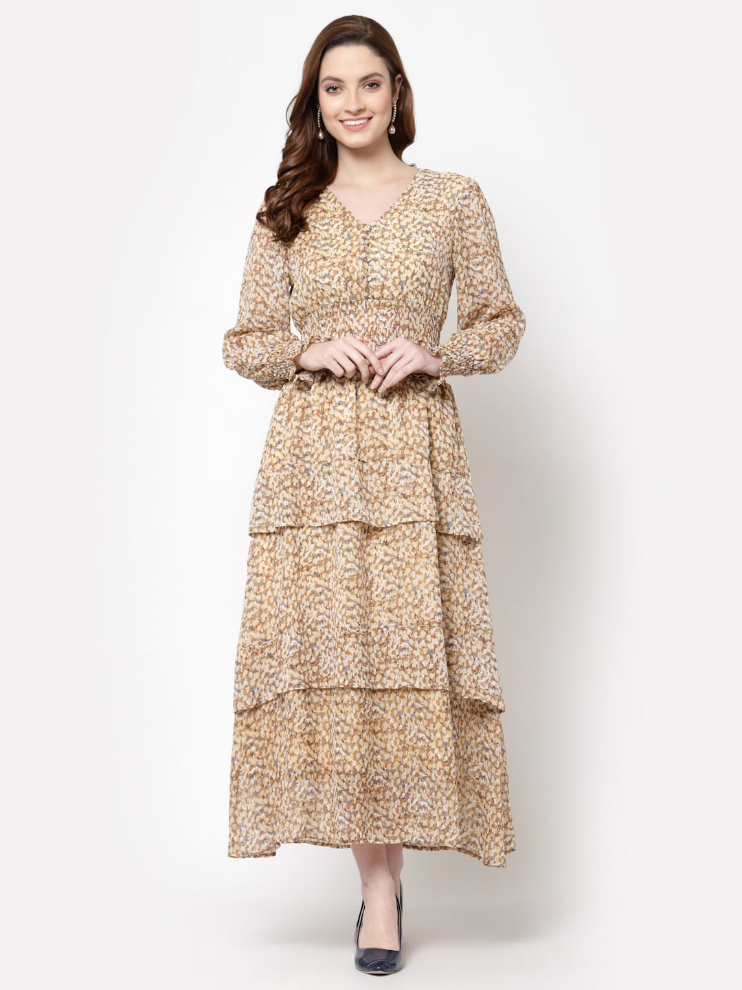 

Mafadeny Tiered Smocked Detailed Empire Maxi Dress, Beige
