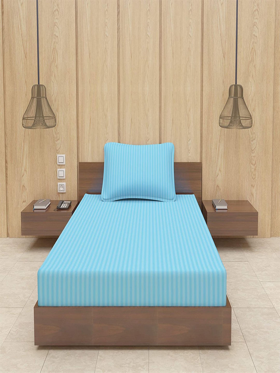 

Hammer Home Blue Striped 200 TC Cotton Single Bedsheet with 1 Pillow Cover
