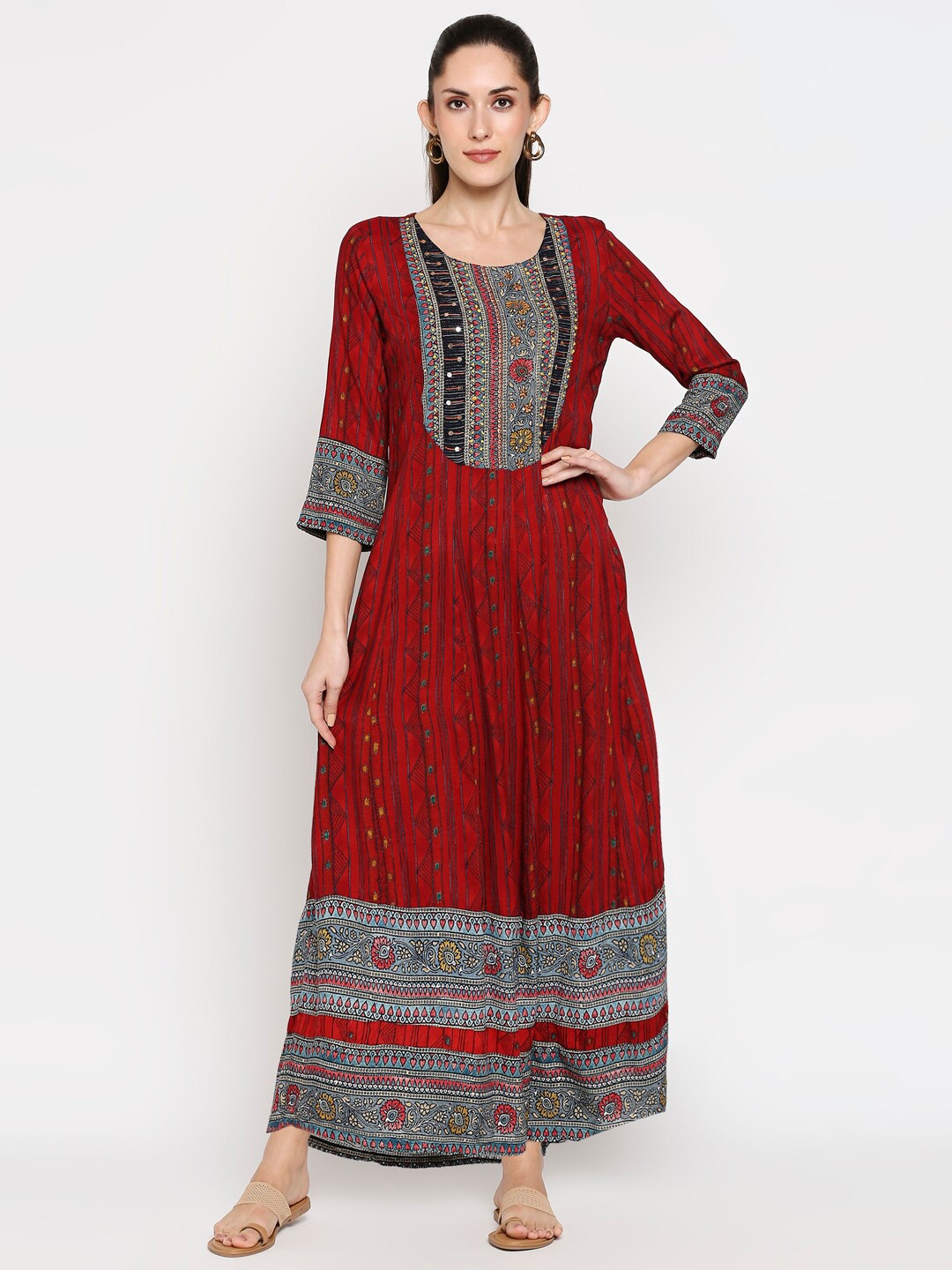 

ZRI Printed Round Neck Embroidered A-Line Ethnic Dress, Red