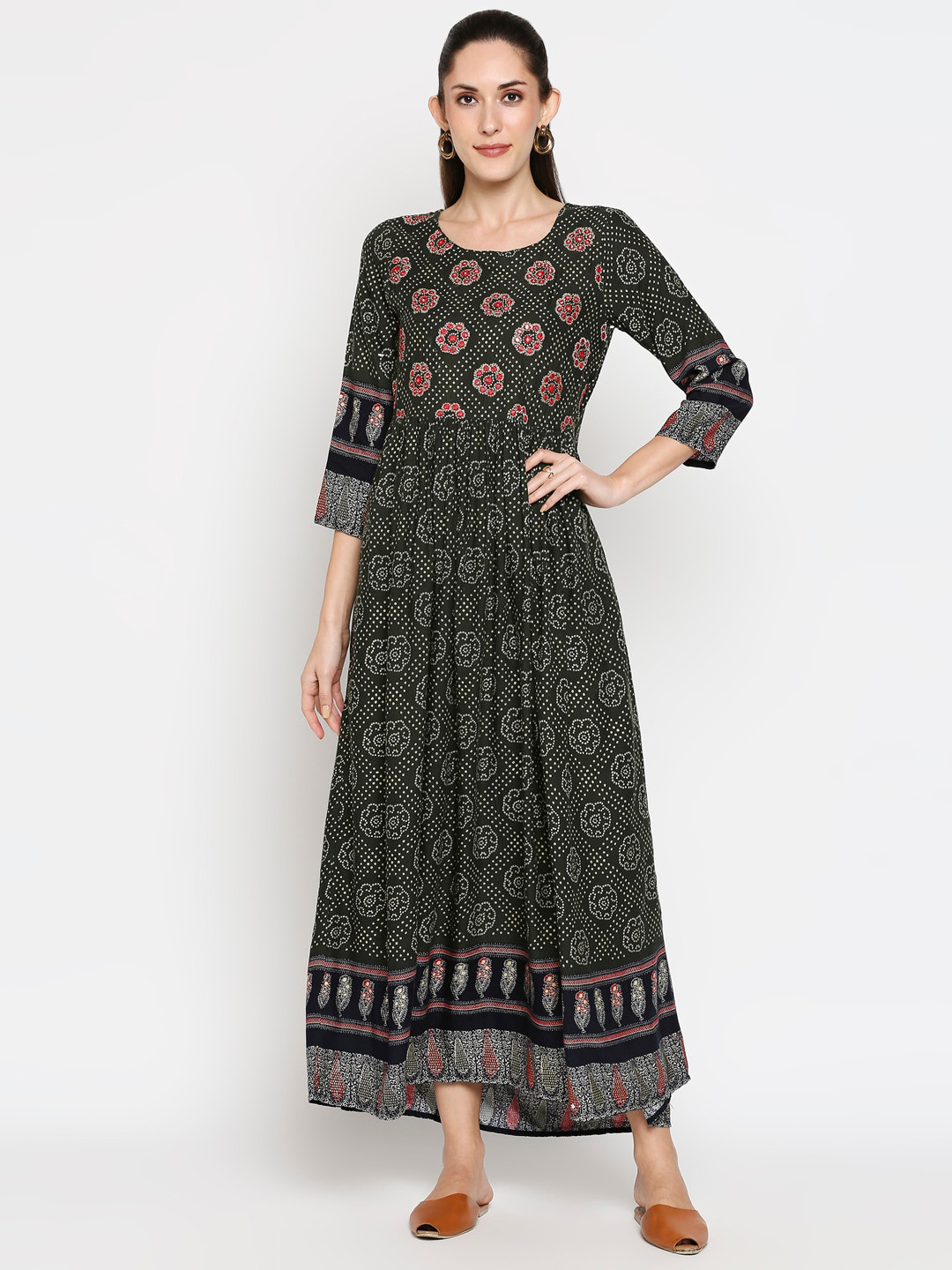 

ZRI Ethnic Motifs Printed Round Neck Maxi Dress, Olive