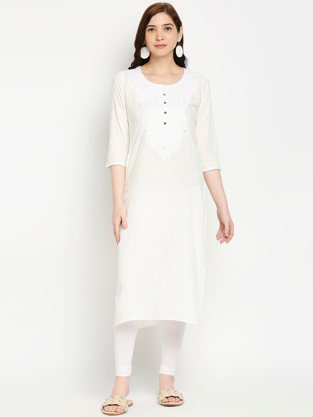 

ZRI Women Ethnic Motifs Yoke Design Thread Work White Romance Kurta, Off white