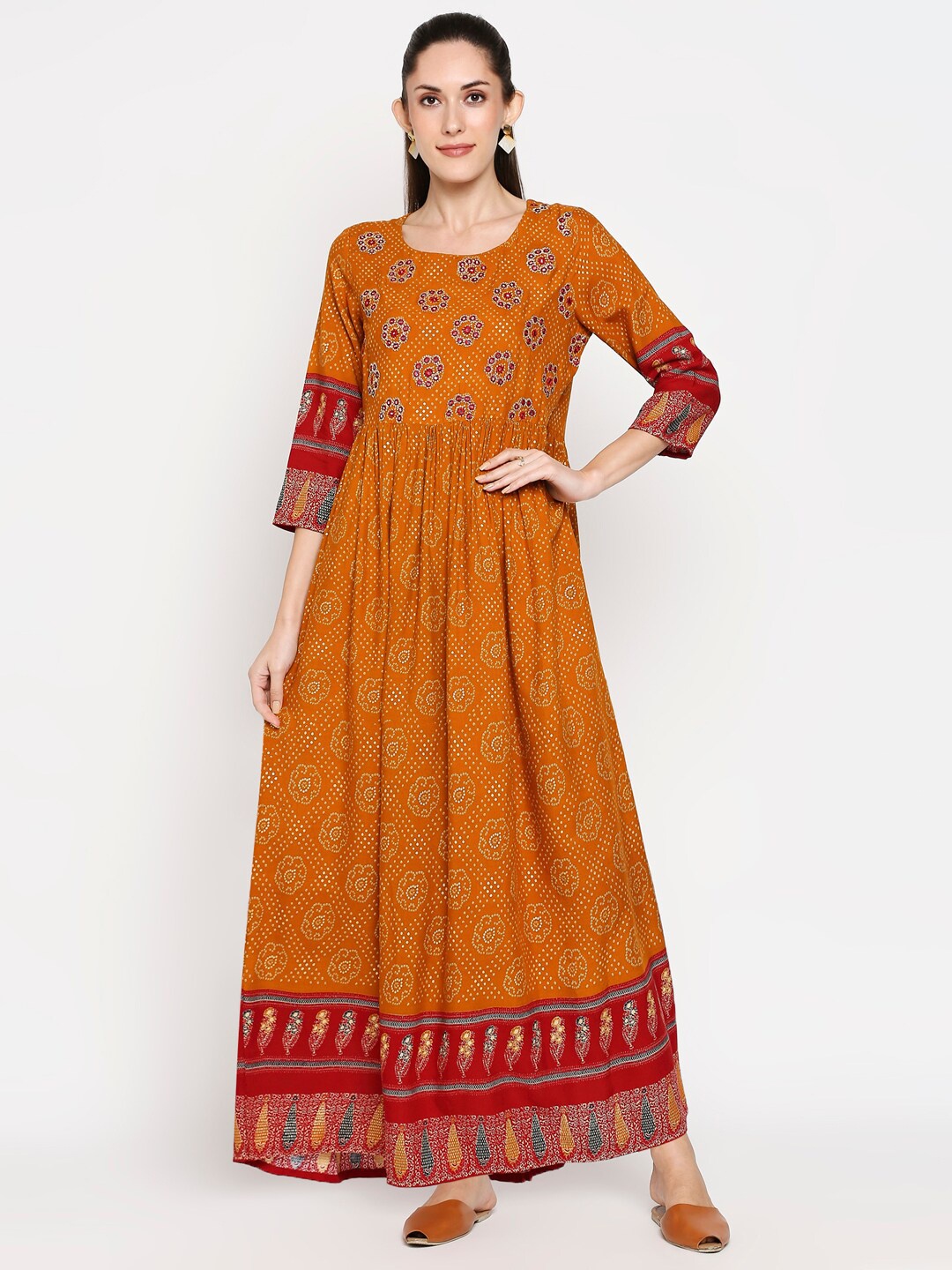 

ZRI Ethnic Motifs Printed Round Neck Maxi Dress, Orange