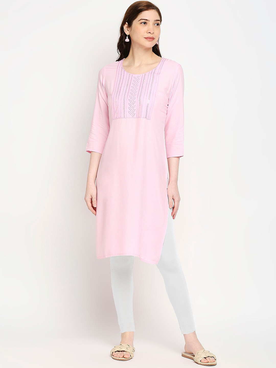 

ZRI Women Yoke Design White Romance Kurta, Pink