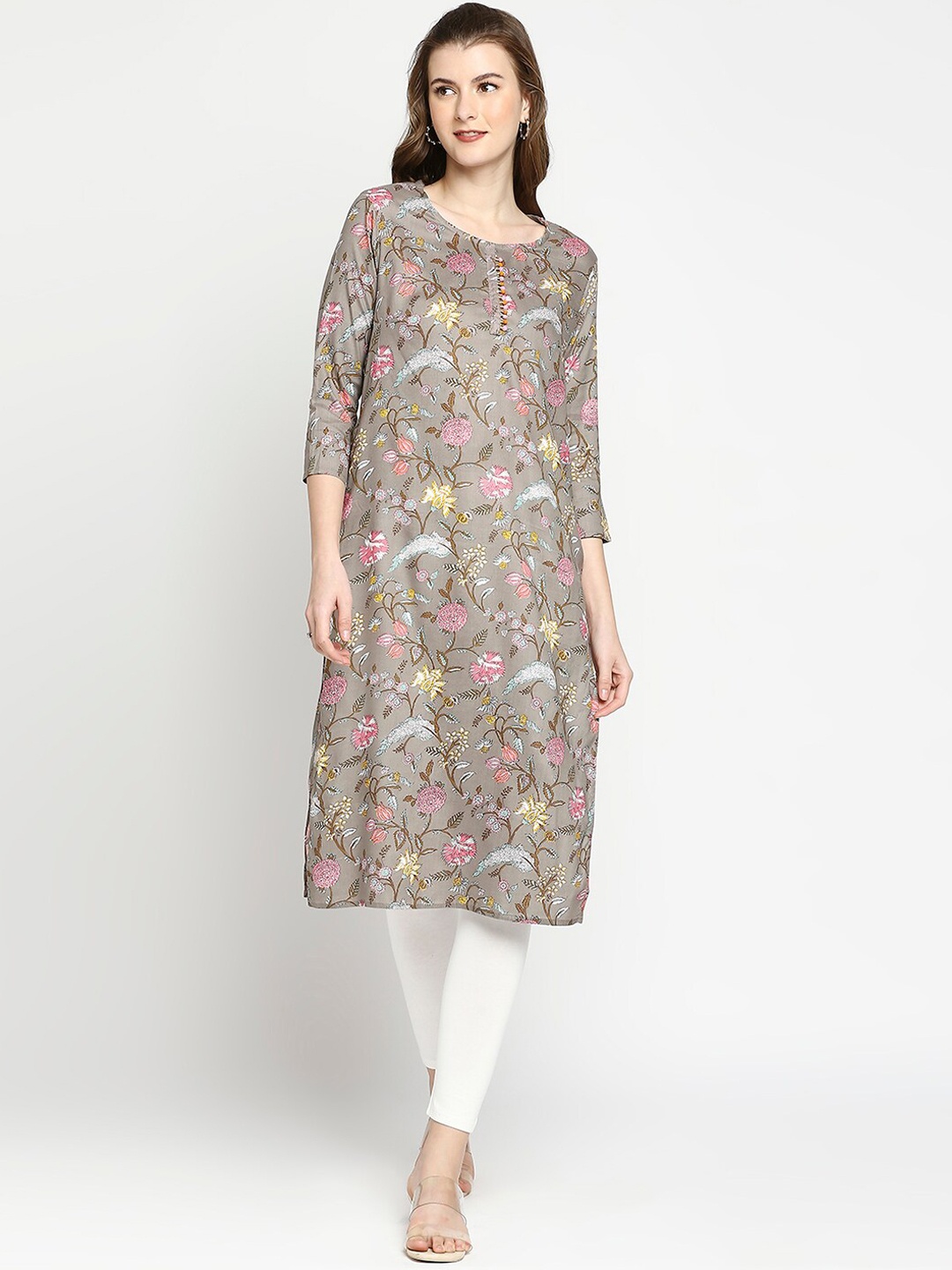 

ZRI Women Floral Printed Floral Kurta, Grey