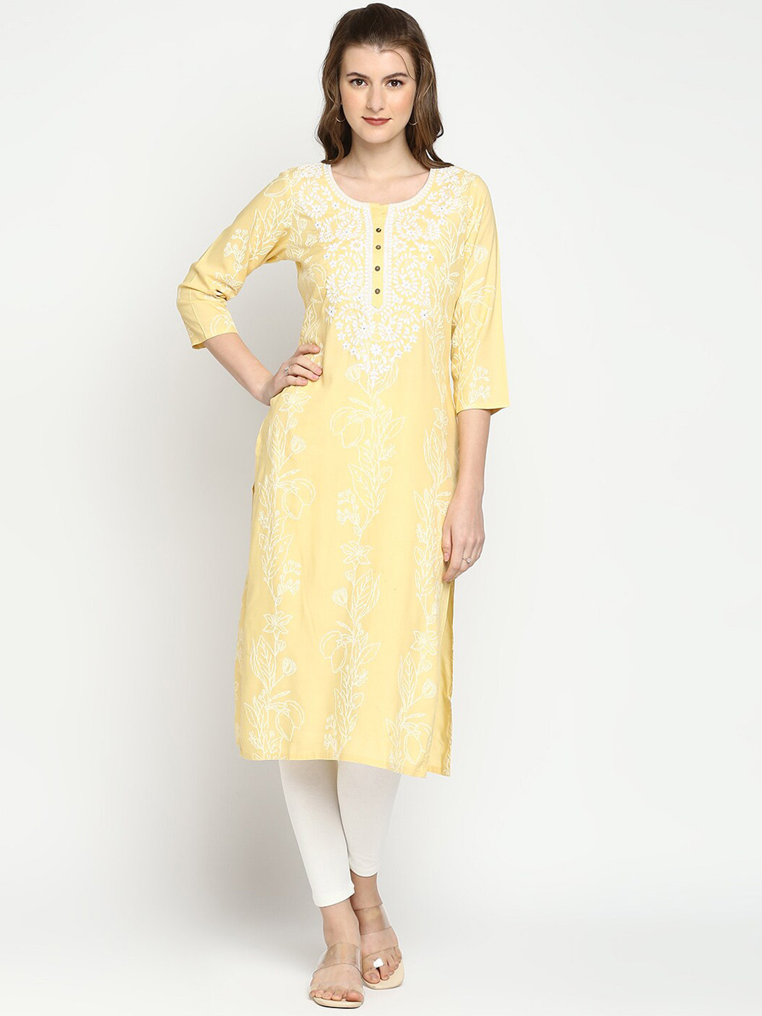 

ZRI Women Floral Embroidered Thread Work Kurta, Yellow